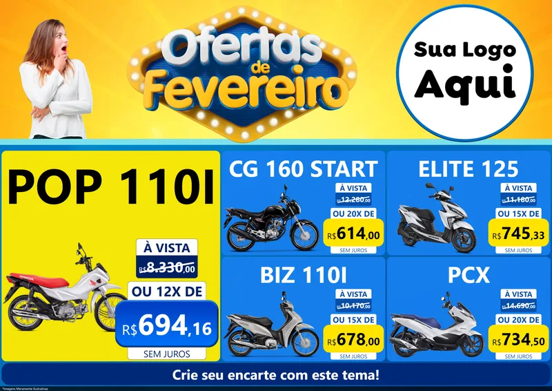 Modelo de Encarte para Encarte A4 Horizontal com o tema Ofertas de Fevereiro para Concessionaria de Motos