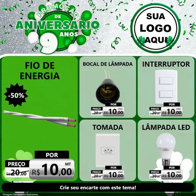 Modelo de Rede Social para Feed Facebook com o tema Promoção de Aniversário - 9 Anos para Materiais Elétricos