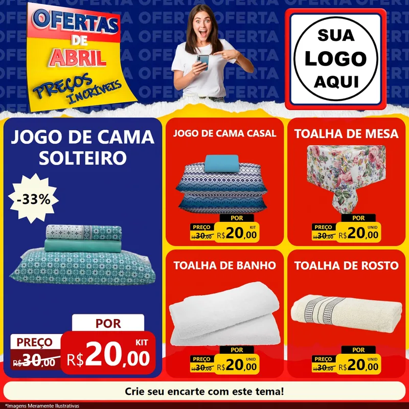 Modelo de Rede Social para Feed Facebook com o tema Ofertas de Abril - Preços Incríveis para Cama, Mesa e Banho