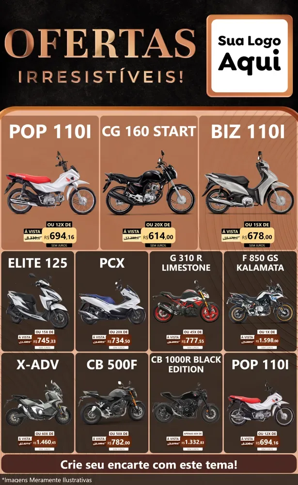 Modelo de Encarte para Encarte Grande com o tema Ofertas Irresistíveis! para Concessionaria de Motos