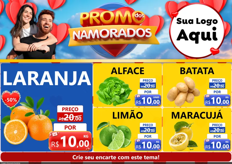 Modelo de Encarte para Encarte A4 Horizontal com o tema Promo dos Namorados para Hortifrúti