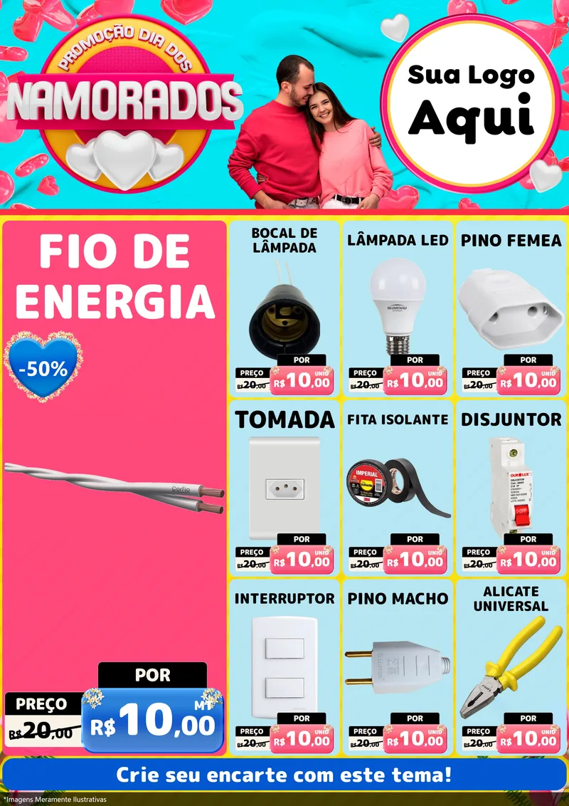 Modelo de Encarte para Encarte A4 Vertical com o tema Promoção Dia dos Namorados para Materiais Elétricos