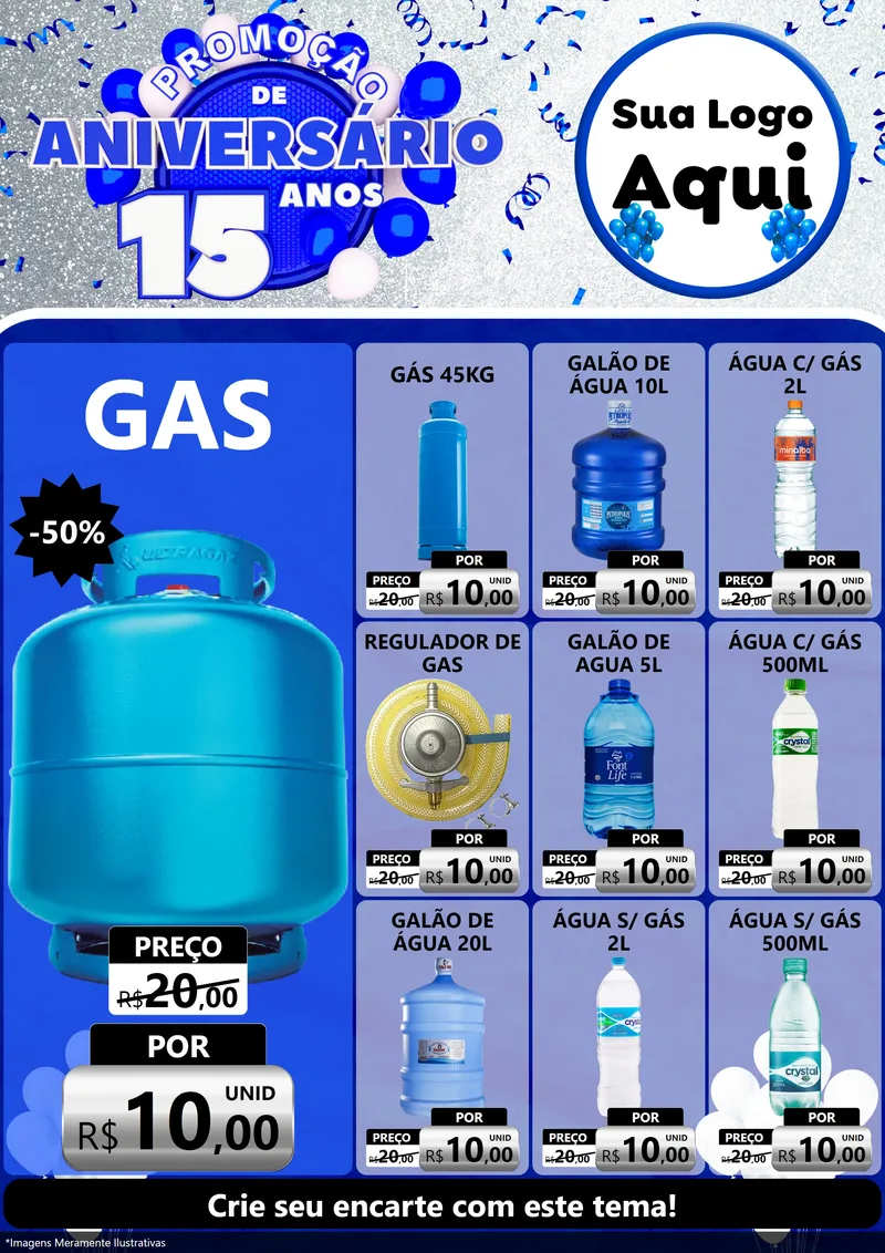 Modelo de Encarte para Encarte A4 Vertical com o tema Promoção de Aniversário - 15 Anos para Água e gás
