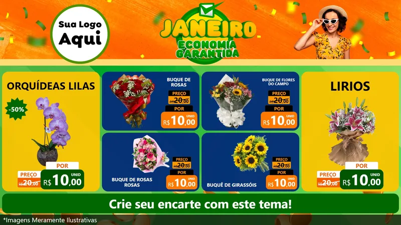 Modelo de TV para TV Horizontal com o tema Janeiro - Economia Garantida para Floricultura e jardim