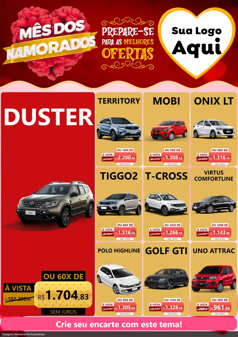 Modelo de Encarte para Encarte A4 Vertical com o tema Mês dos Namorados para Concessionaria de Carros