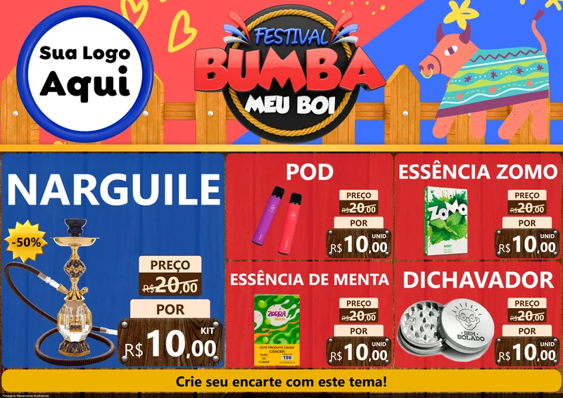 Modelo de Encarte para Encarte A4 Horizontal com o tema Festival Bumba Meu Boi para Tabacaria