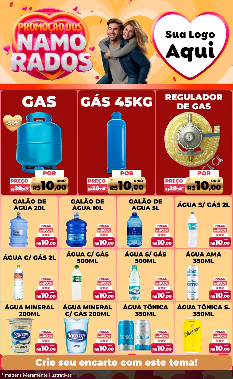 Modelo de Encarte para Encarte Grande com o tema Promoção dos Namorados para Água e gás