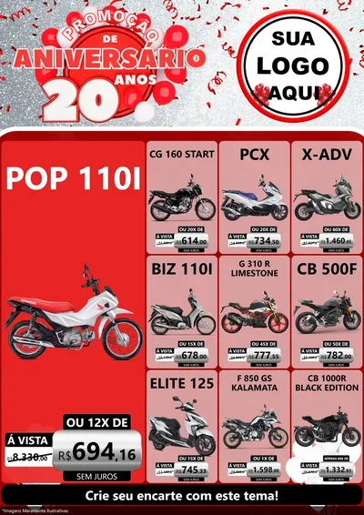 Modelo de Encarte para Encarte A4 Vertical com o tema Promoção de Aniversário - 20 Anos para Concessionaria de Motos