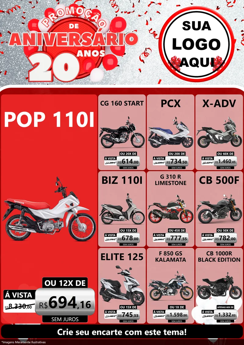 Modelo de Encarte para Encarte A4 Vertical com o tema Promoção de Aniversário - 20 Anos para Concessionaria de Motos