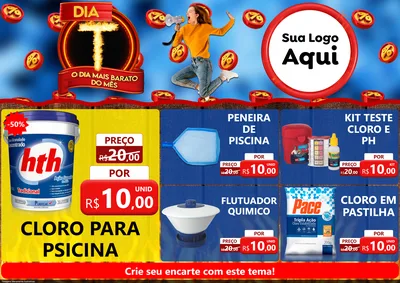 Modelo de Encarte para Encarte A4 Horizontal com o tema Dia T - O Dia Mais Barato Do Mês para Produtos para Piscina