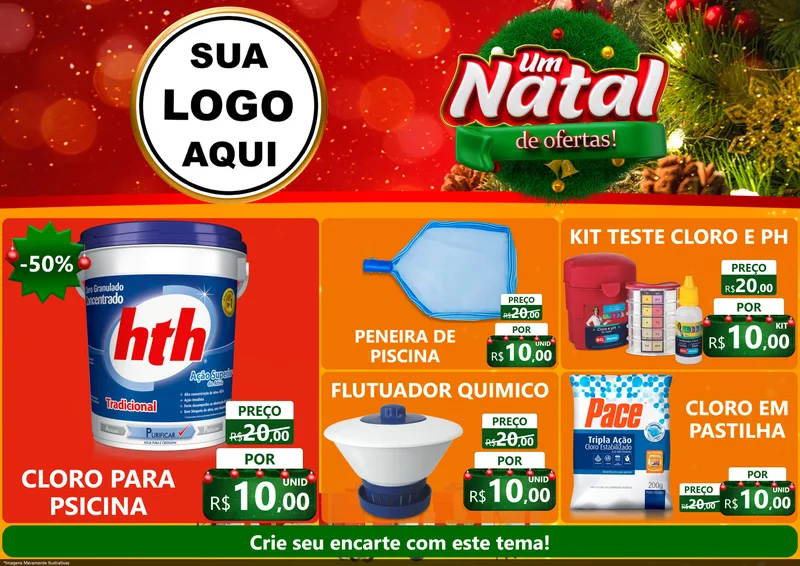 Modelo de Encarte para Encarte A4 Horizontal com o tema Um Natal de Ofertas para Produtos para Piscina