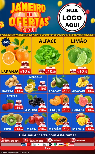 Modelo de Encarte para Encarte Grande com o tema Janeiro de Ofertas É Aqui! para Hortifrúti