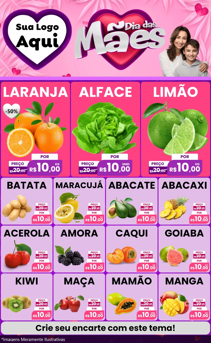 Modelo de Encarte para Encarte Grande com o tema Dia das Mães para Hortifrúti