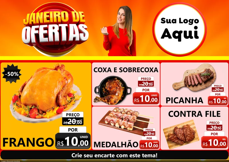 Modelo de Encarte para Encarte A4 Horizontal com o tema Janeiro de Ofertas para Assados
