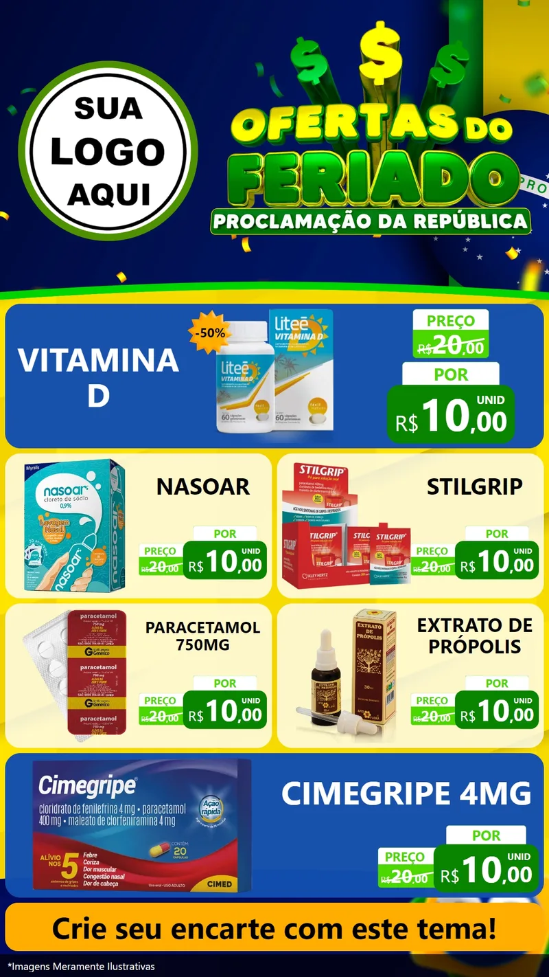 Modelo de TV para TV Vertical com o tema Ofertas do Feriado - Proclamação da República para Farmácia