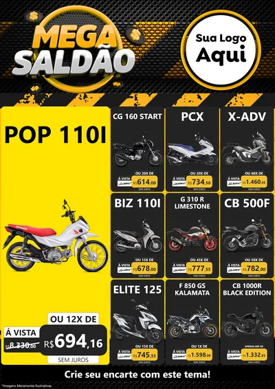 Modelo de Encarte para Encarte A4 Vertical com o tema Mega Saldão para Concessionaria de Motos