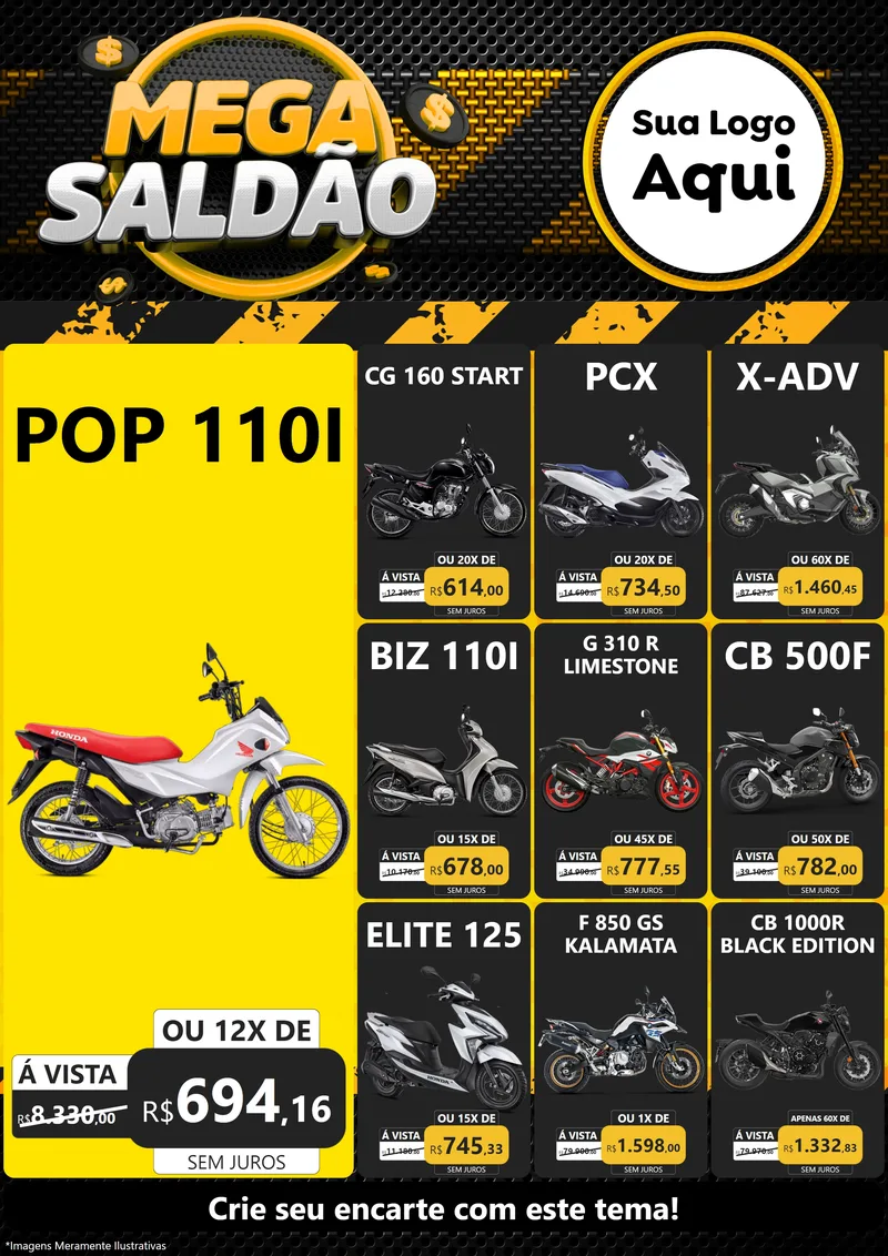 Modelo de Encarte para Encarte A4 Vertical com o tema Mega Saldão para Concessionaria de Motos