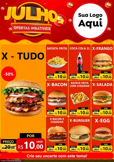 Modelo de Encarte para Encarte A4 Vertical com o tema Julho Ofertas Imbatíveis para Hamburgueria