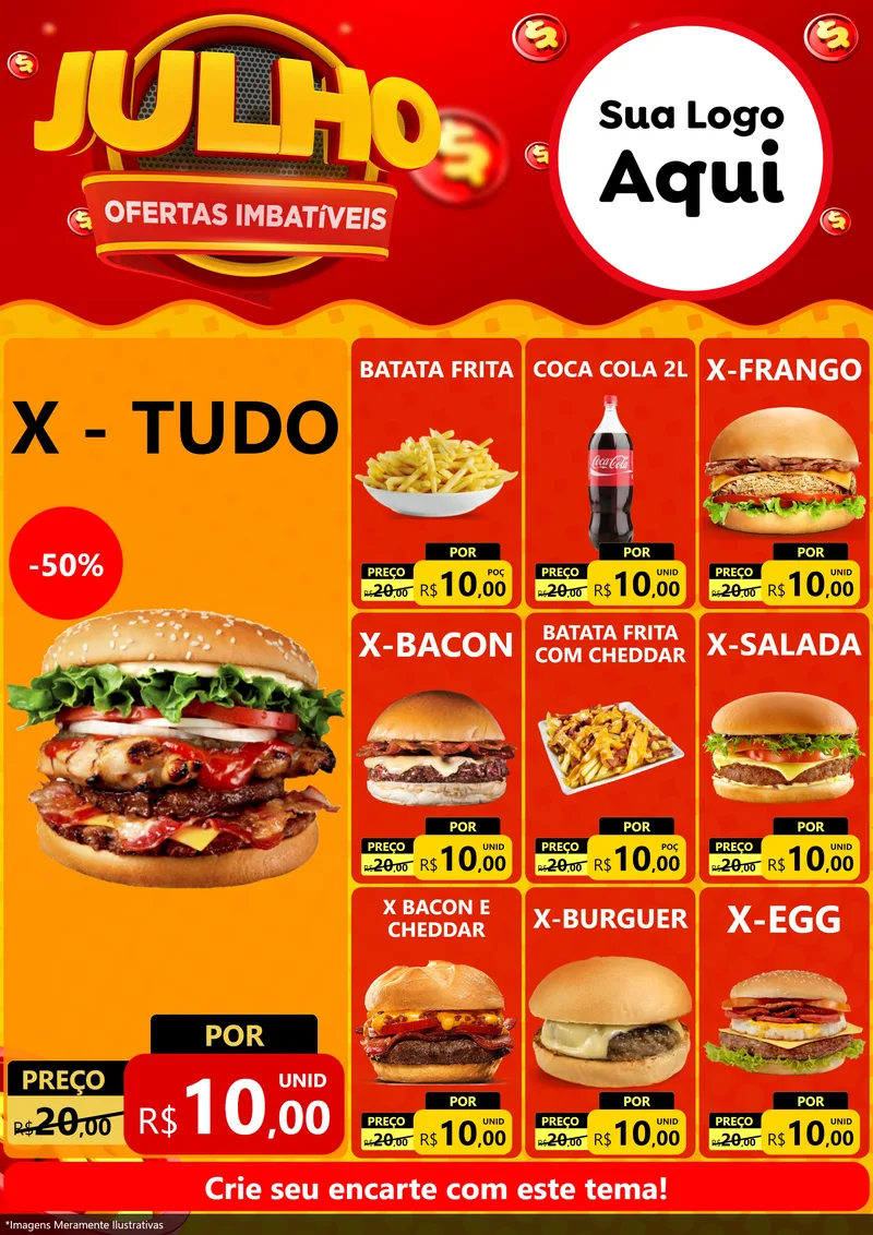 Modelo de Encarte para Encarte A4 Vertical com o tema Julho Ofertas Imbatíveis para Hamburgueria