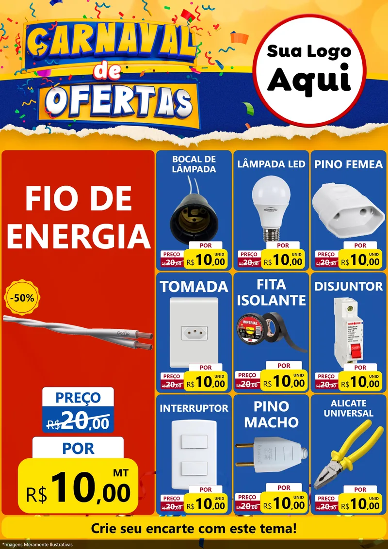 Modelo de Encarte para Encarte A4 Vertical com o tema Carnaval de Ofertas para Materiais Elétricos