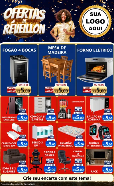 Modelo de Encarte para Encarte Grande com o tema Ofertas de Réveillon para Móveis e Eletro