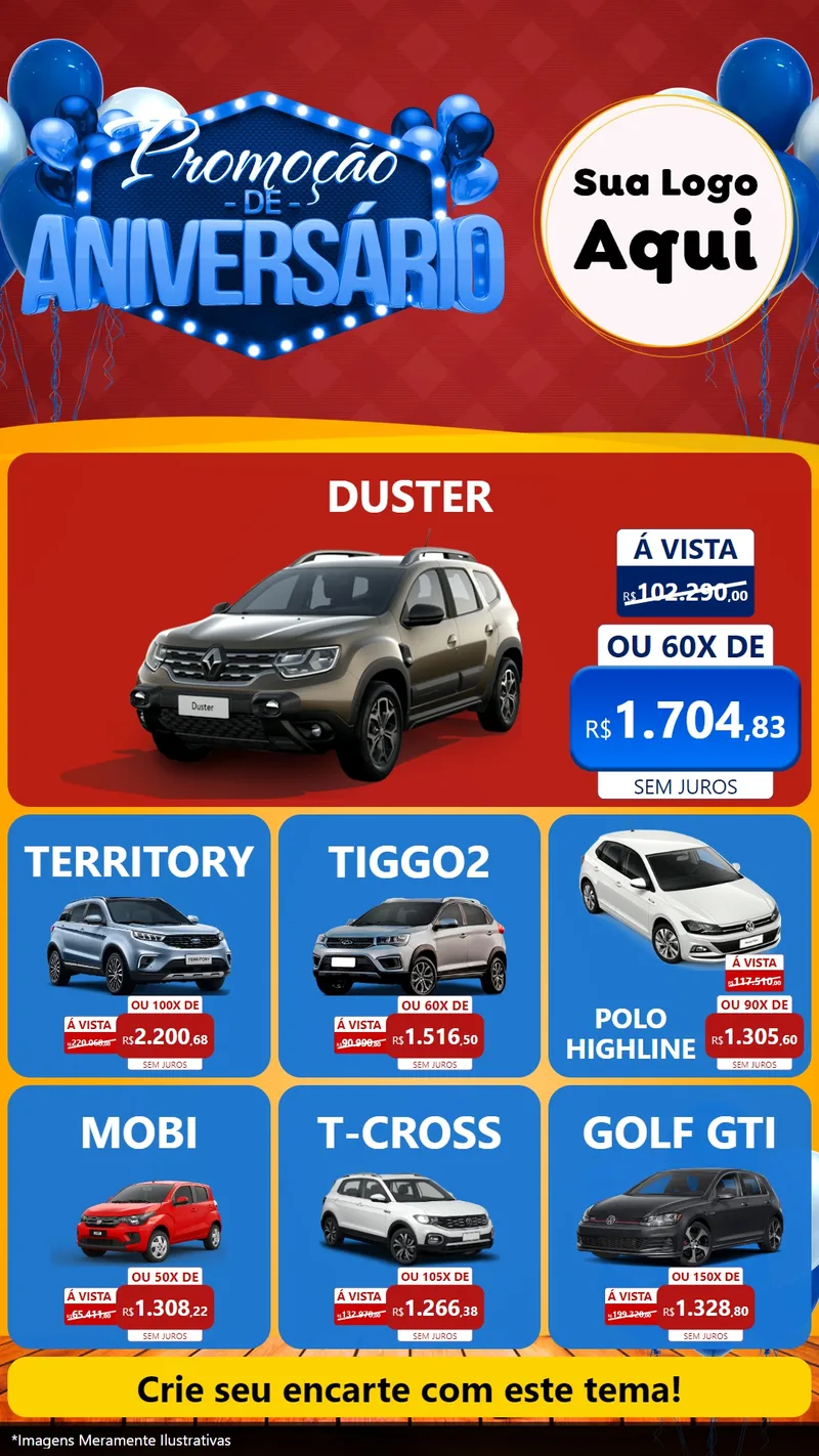 Modelo de Rede Social para Stories com o tema Promoção de Aniversário para Concessionaria de Carros