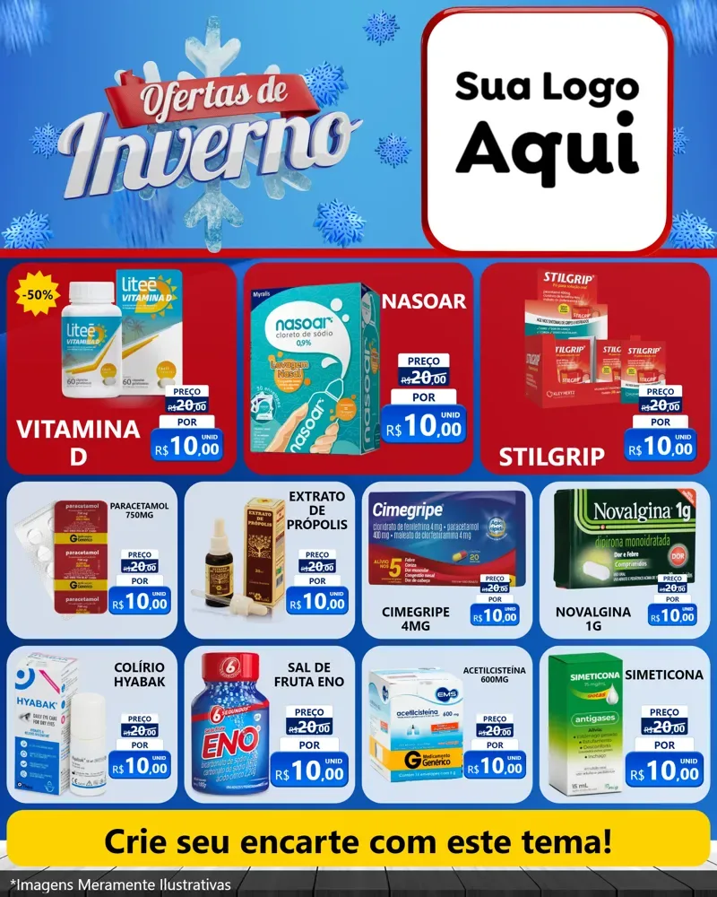 Modelo de Rede Social para Feed Instagram com o tema Ofertas de Inverno para Farmácia
