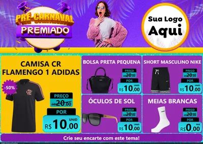 Modelo de Encarte para Encarte A4 Horizontal com o tema Pré-Carnaval Premiado para Roupas e acessórios