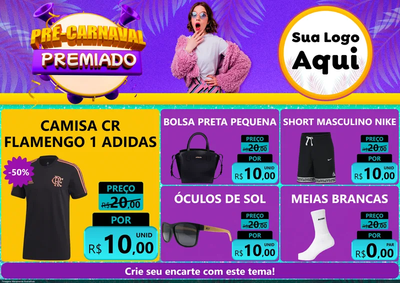 Modelo de Encarte para Encarte A4 Horizontal com o tema Pré-Carnaval Premiado para Roupas e acessórios