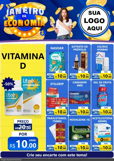 Modelo de Encarte para Encarte A4 Vertical com o tema Janeiro da Economia para Farmácia