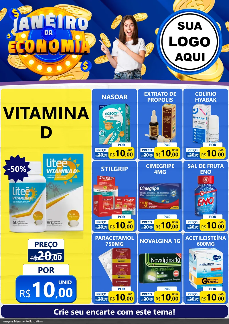 Modelo de Encarte para Encarte A4 Vertical com o tema Janeiro da Economia para Farmácia