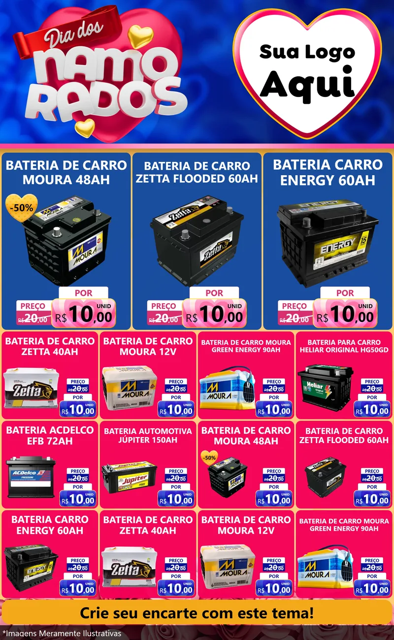 Modelo de Encarte para Encarte Grande com o tema Dia dos namorados para Baterias Elétricas