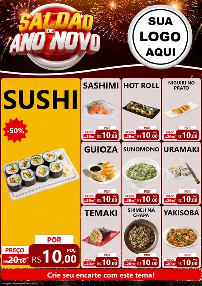Modelo de Encarte para Encarte A4 Vertical com o tema Saldão de Ano Novo para Comida japonesa