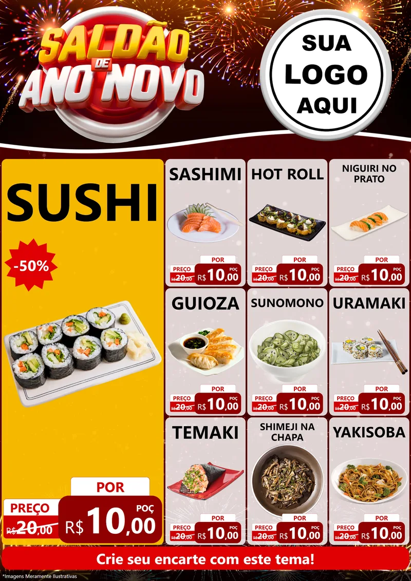 Modelo de Encarte para Encarte A4 Vertical com o tema Saldão de Ano Novo para Comida japonesa