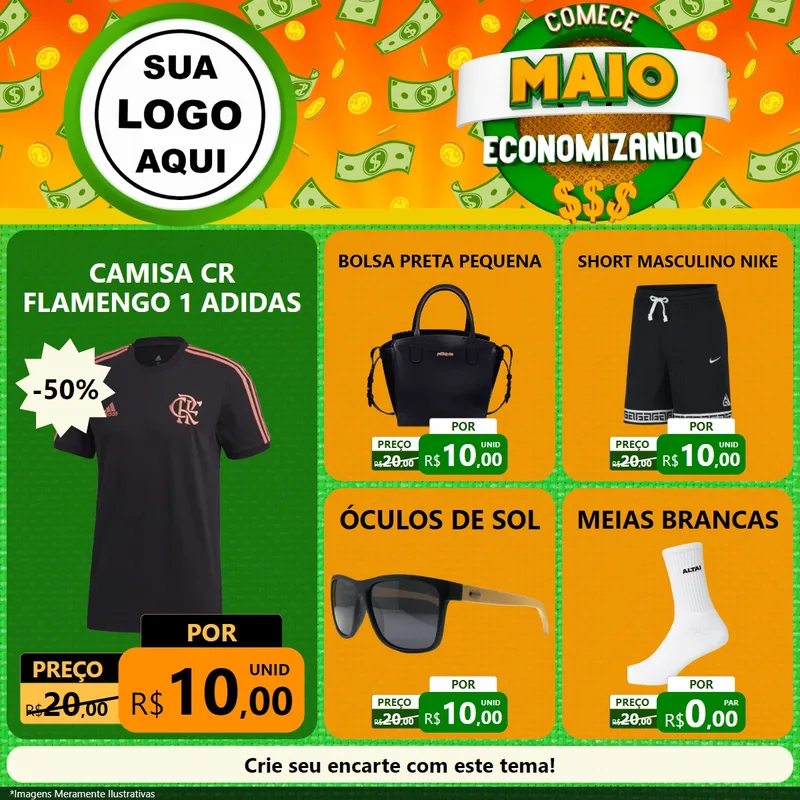 Modelo de Rede Social para Feed Facebook com o tema Comece Maio Economizando para Roupas e acessórios