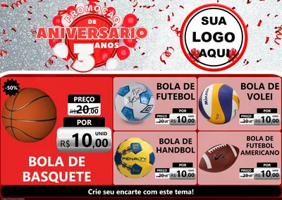 Modelo de Encarte para Encarte A4 Horizontal com o tema Promoção de Aniversário - 3 Anos para Artigos Esportivos