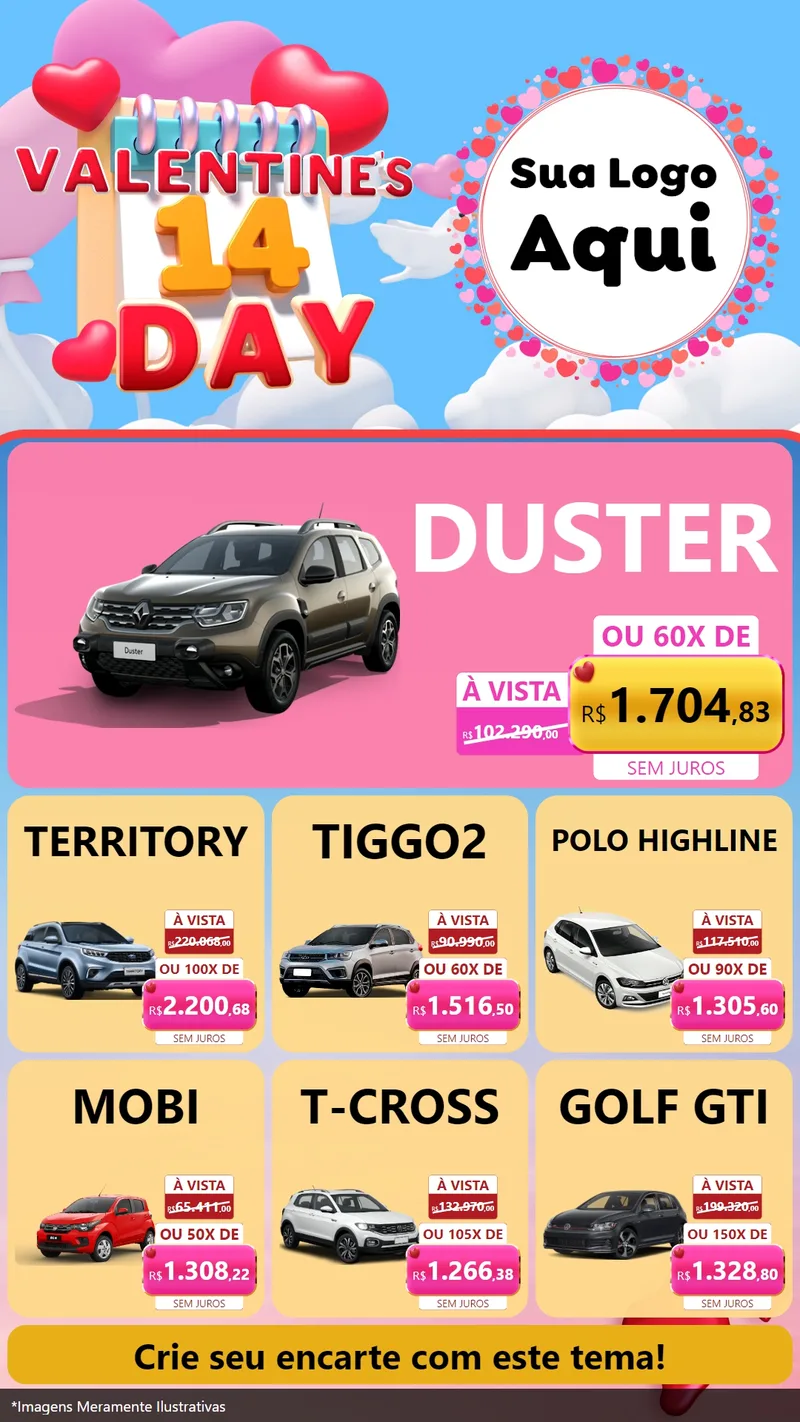Modelo de Rede Social para Stories com o tema Valentine's Day para Concessionaria de Carros