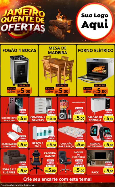 Modelo de Encarte para Encarte Grande com o tema Janeiro Quente de Ofertas para Móveis e Eletro