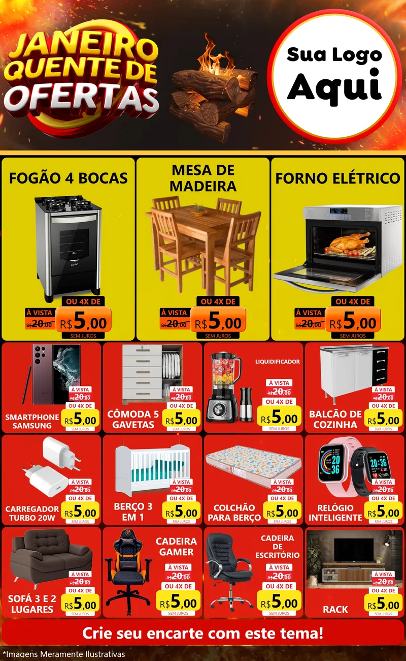 Modelo de Encarte para Encarte Grande com o tema Janeiro Quente de Ofertas para Móveis e Eletro