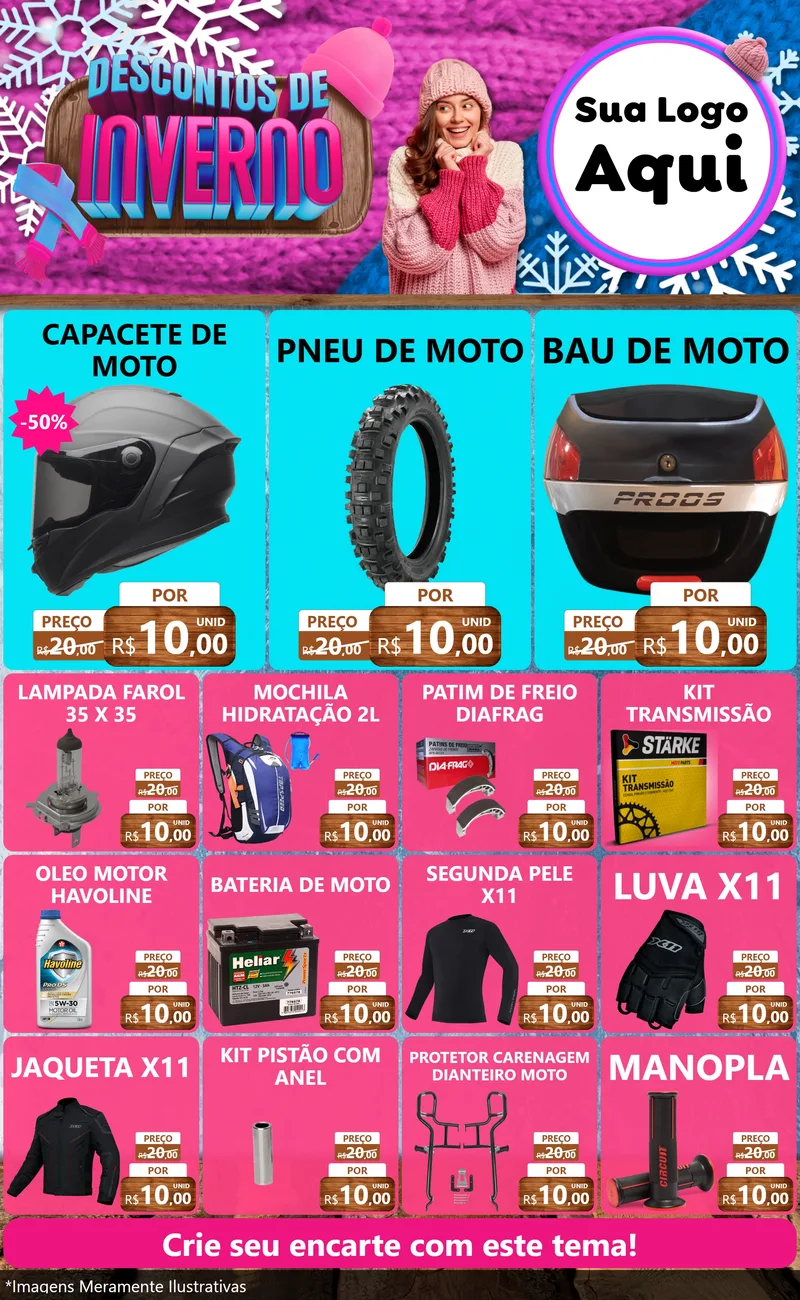 Modelo de Encarte para Encarte Grande com o tema Descontos de Inverno para Moto peças