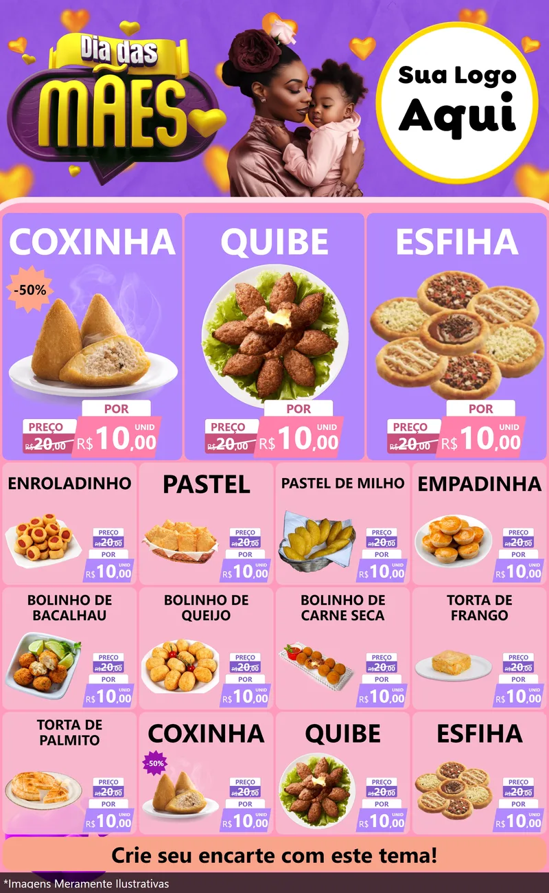 Modelo de Encarte para Encarte Grande com o tema Dia das Mães para Salgadaria