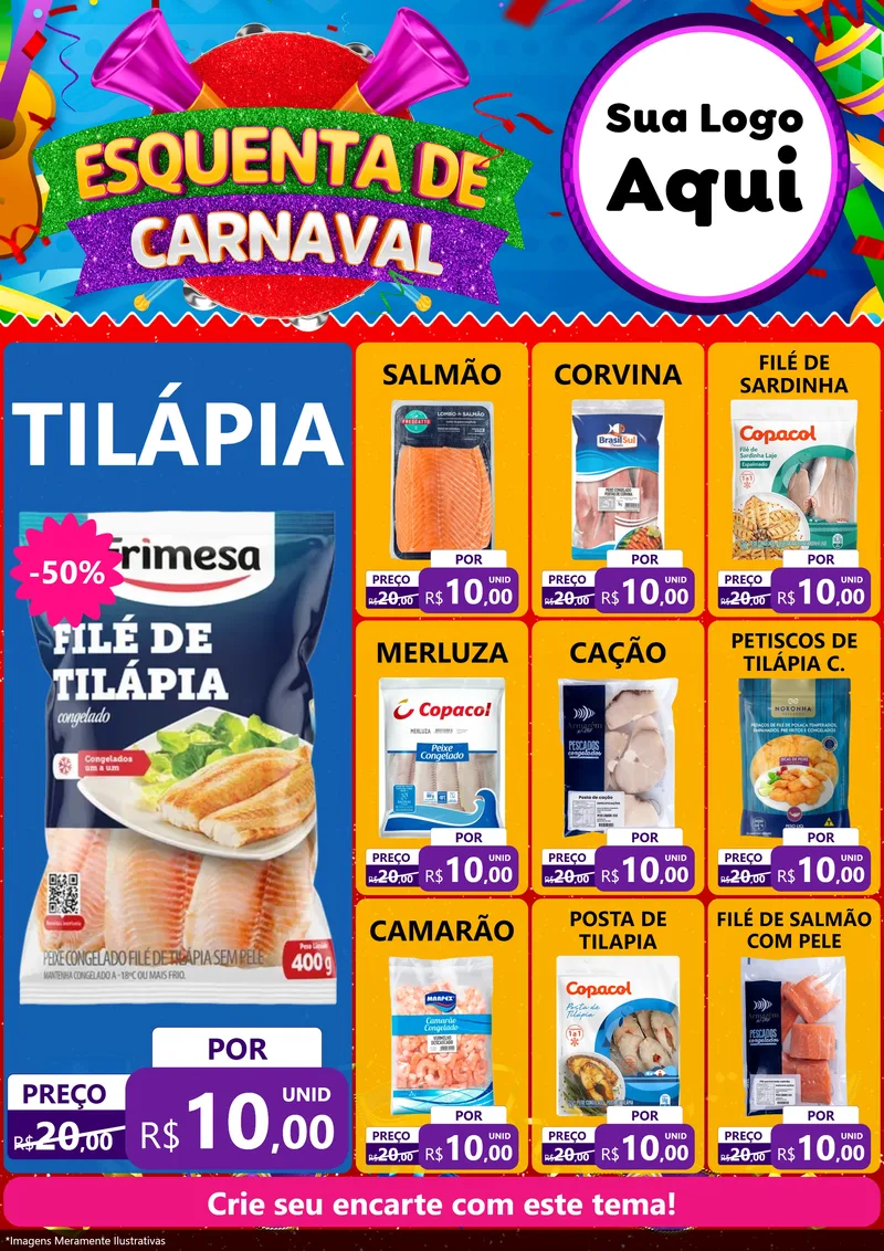 Modelo de Encarte para Encarte A4 Vertical com o tema Esquenta de Carnaval para Peixaria