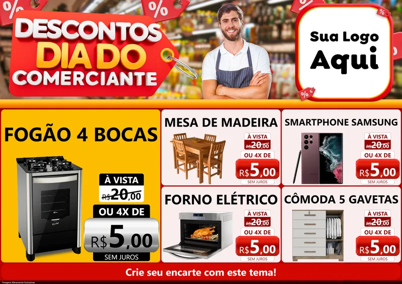 Modelo de Encarte para Encarte A4 Horizontal com o tema Descontos Dia do Comerciante para Móveis e Eletro