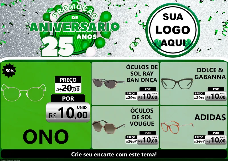 Modelo de Encarte para Encarte A4 Horizontal com o tema Promoção de Aniversário - 25 Anos para Óticas