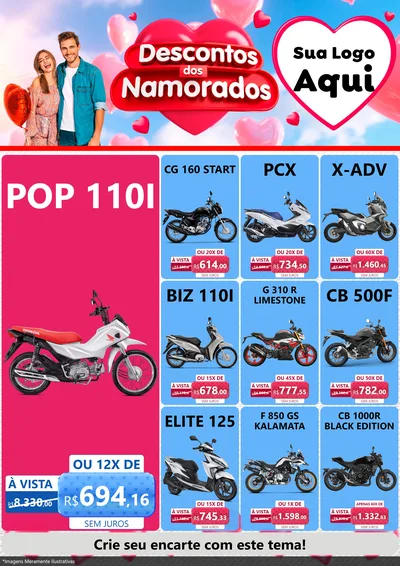 Modelo de Encarte para Encarte A4 Vertical com o tema Descontos dos Namorados para Concessionaria de Motos