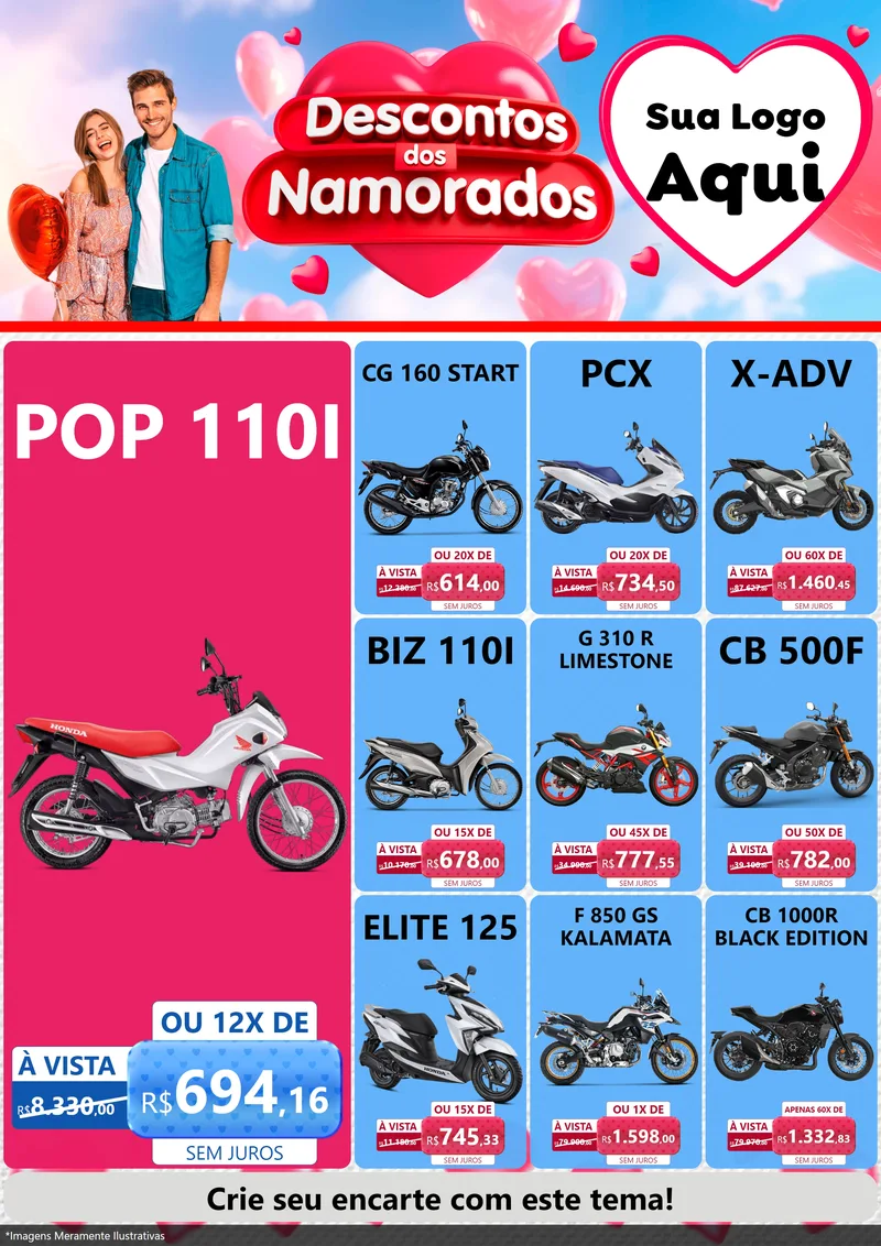Modelo de Encarte para Encarte A4 Vertical com o tema Descontos dos Namorados para Concessionaria de Motos