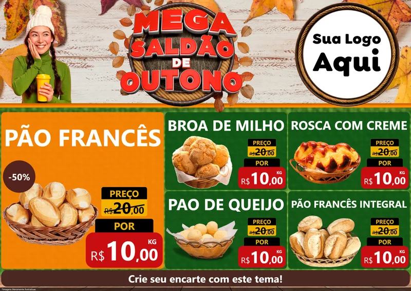 Modelo de Encarte para Encarte A4 Horizontal com o tema Mega Saldão de Outono para Padaria