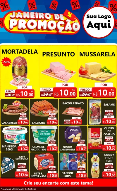 Modelo de Encarte para Encarte Grande com o tema Janeiro de Promoção para Frios e Laticínios