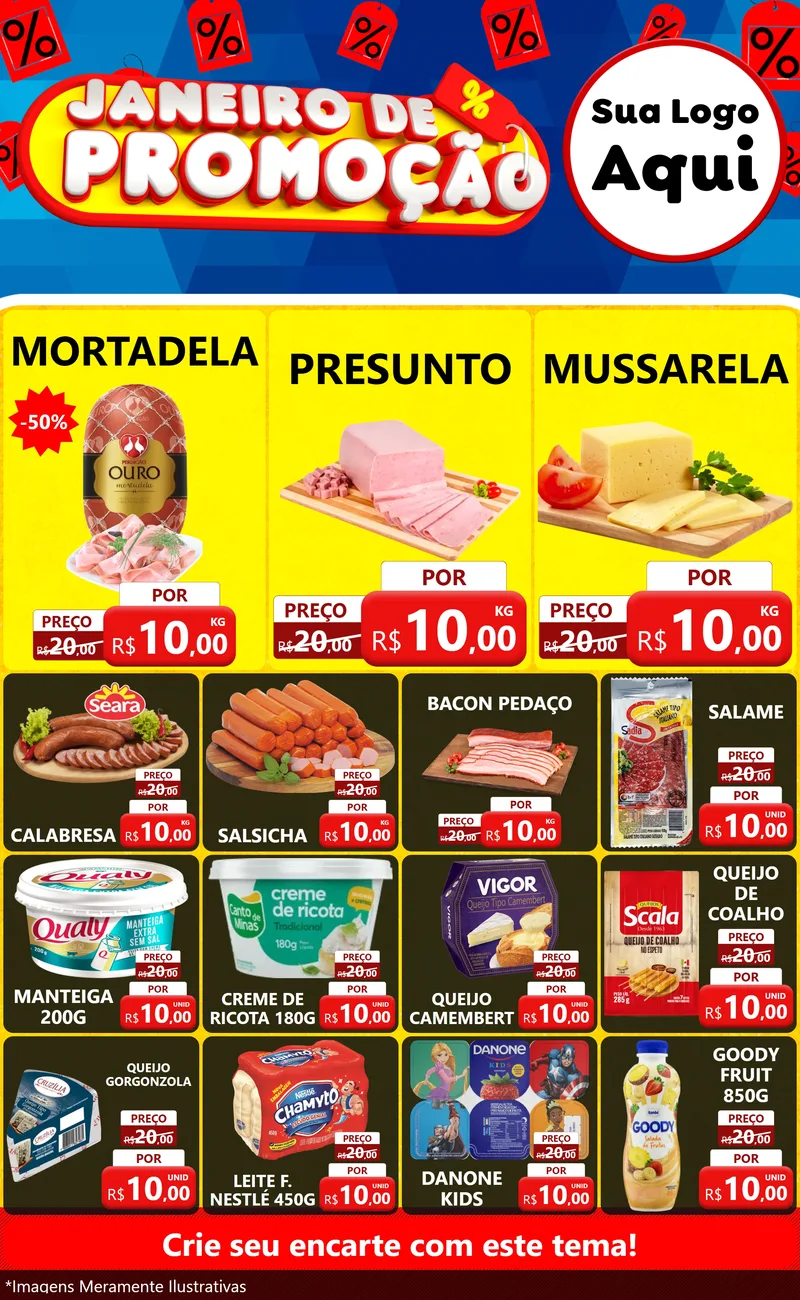 Modelo de Encarte para Encarte Grande com o tema Janeiro de Promoção para Frios e Laticínios