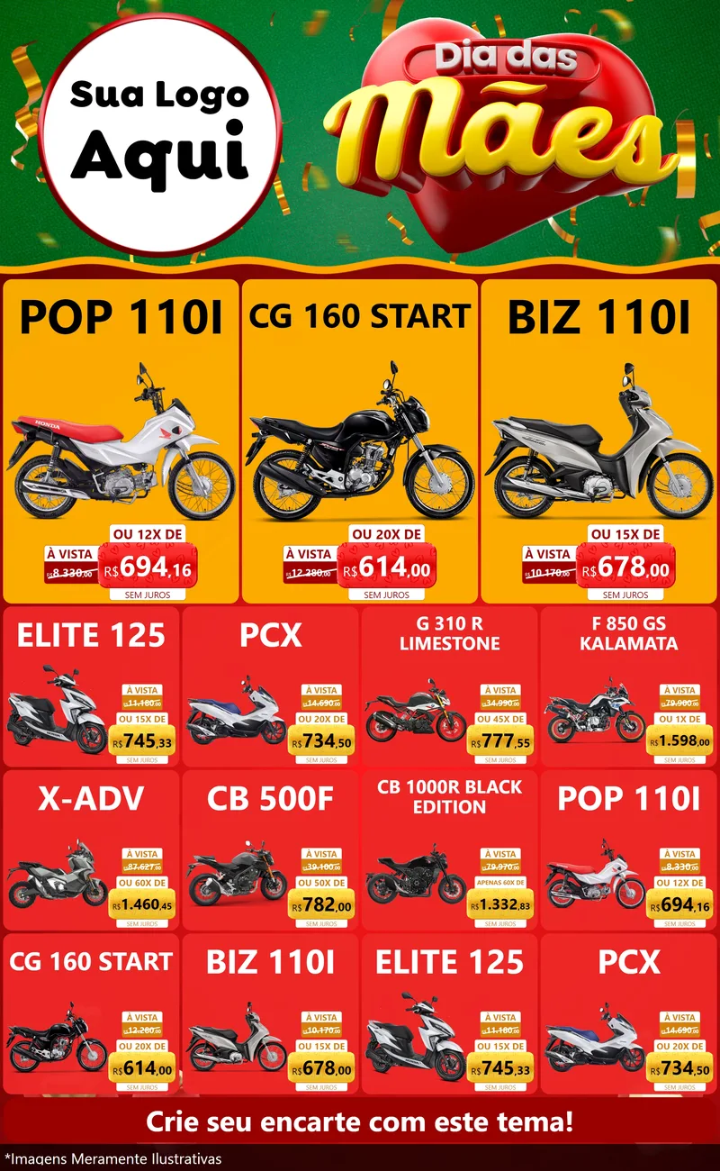 Modelo de Encarte para Encarte Grande com o tema Dia das Mães para Concessionaria de Motos